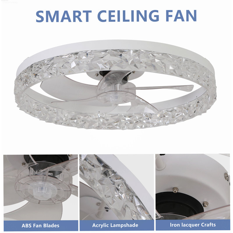 Modern Smart App Control Dimmable LED Flush Mount Ceiling Fan with Light White, White