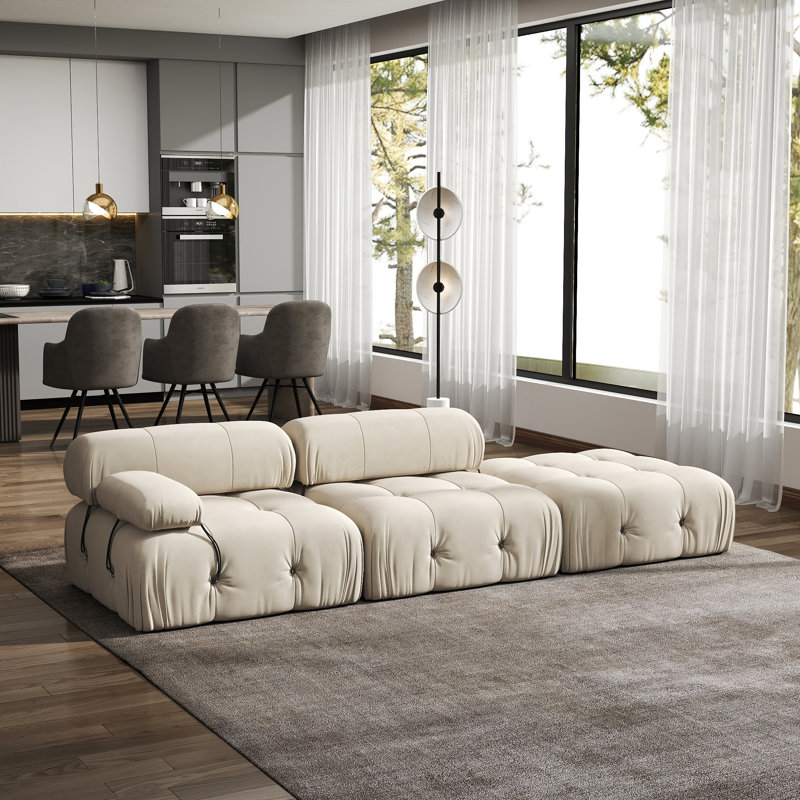 Cylar 3-Piece Upholstered Modern Velvet Modular Sofa With Ottoman, Beige