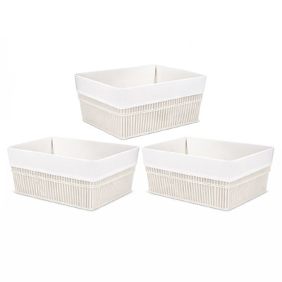White Cotton Rope Basket With Fabric Lining  Set/3