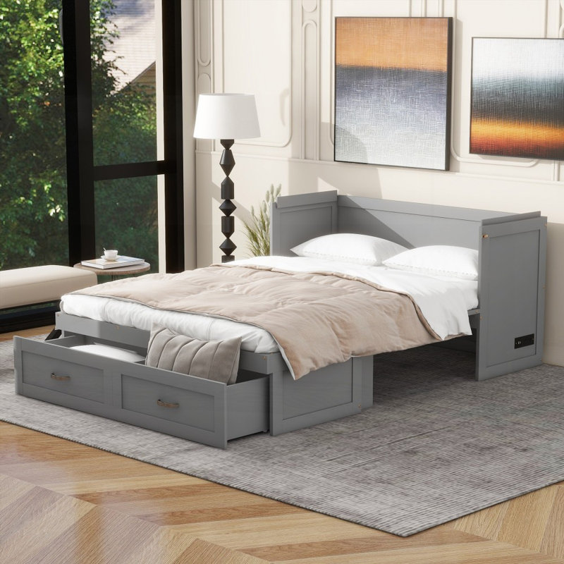 Full Size Murphy Bed with USB Ports, Large Drawers &amp; Metal Handles - Grey (Sturdy &amp; Space-Saving)