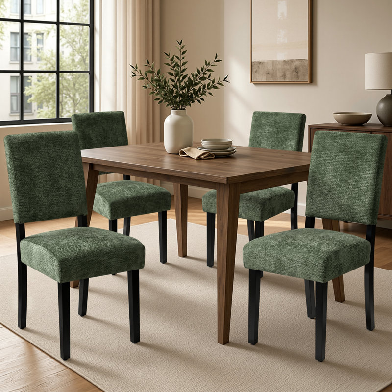 Ensemble de 4 chaises de salle à manger modernes en bois massif avec dossier en chenille vert moderne, 4, Vert