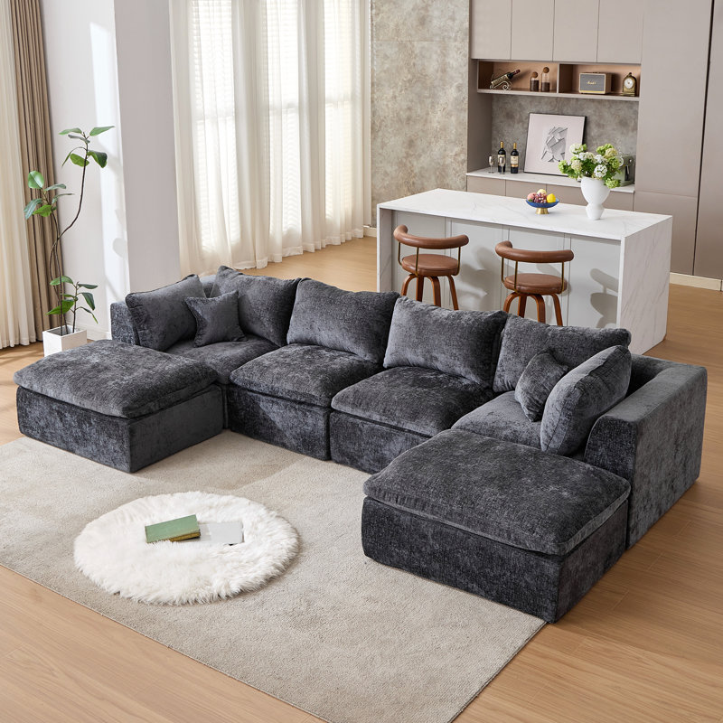 Canapé modulaire rembourré et désossé 6 pièces 6 pièces, Gris chenille, H 25,6 po x l 145 po x P 70,9 po