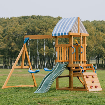 ROBUD Cedar Wood Swing Set with 2 Belt Swings, Wave Slide, Climbing Wall, Play Deck and Canopy