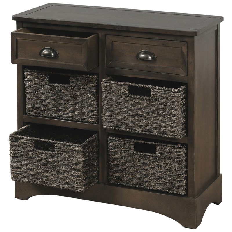 Armoire de rangement rustique avec deux tiroirs et quatre paniers en rotin classique, Brun / Gris