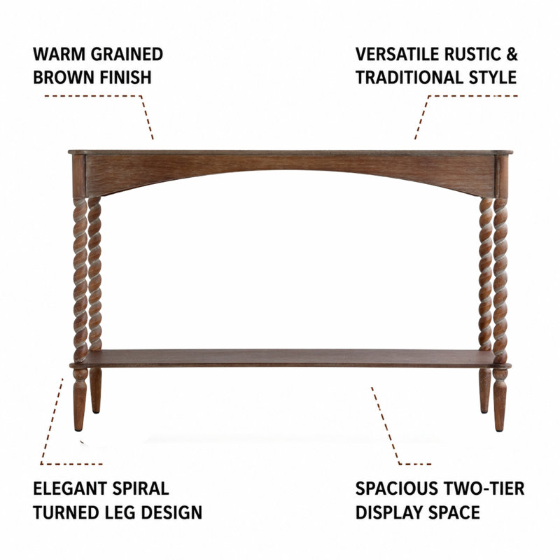 Brown Wood Console Table With Turned Spiral Legs And Lower Shelf for Living Room Entryway Decor