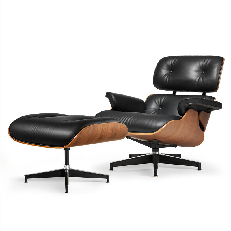 Lounge chair with Solid Wood, Black/Dark Brown Genuine Leather