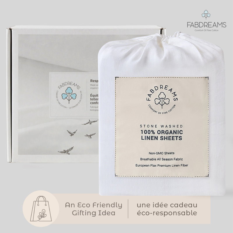 Ensemble de draps 100% lin lavé 3 pièces, Blanc, Ensemble de draps pour grand lit avec 2 taies d'or