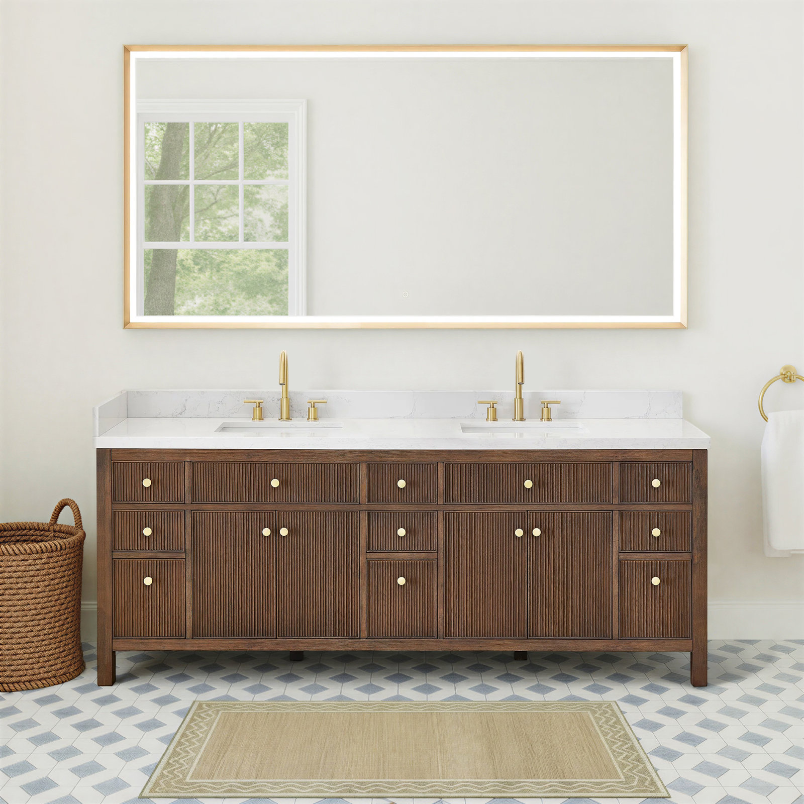 Lala 84" Double Bathroom Vanity with Grain White Engineered Stone Countertop with Mirror, Brown Brushed Oak