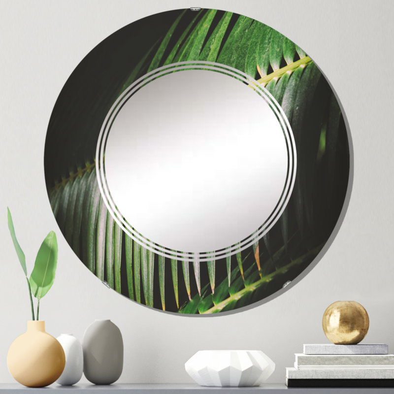 Détail de feuilles de palmier foncé - miroir mural tropical rond, 24 po x 24 po