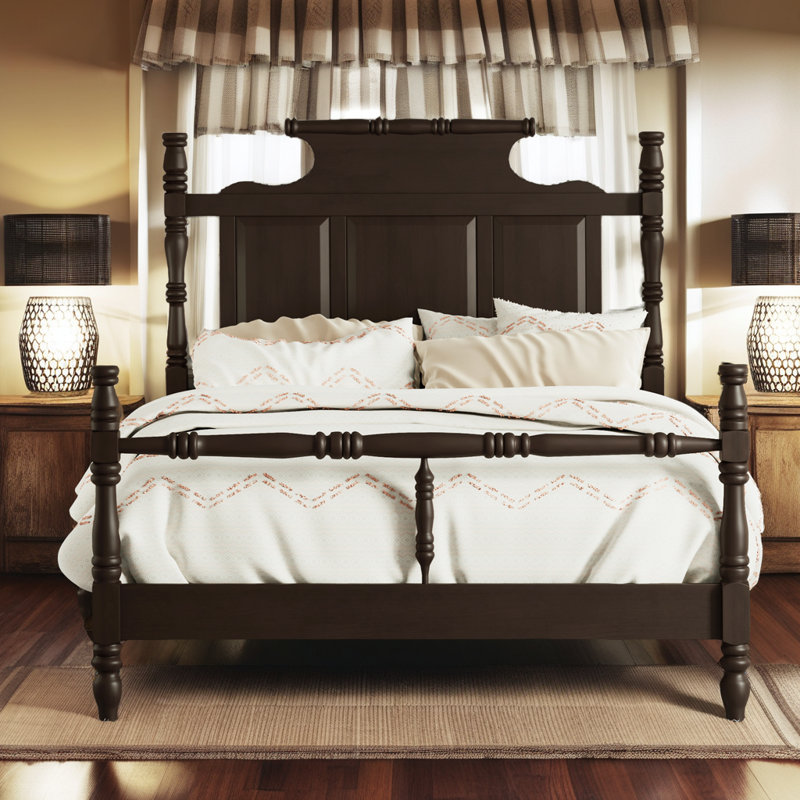 Vintage Country Style Wood Four Poster Platform Bed With 56.9" High Crown-Like Headboard, No Box Spring Needed, Brown, King