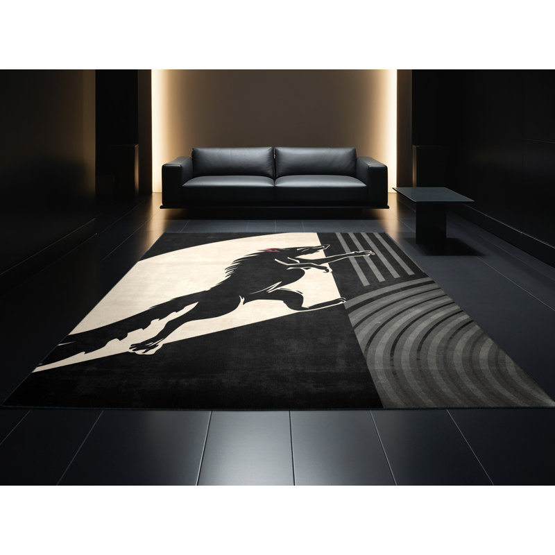 Machine Washable Osckar Tasmanian Devil Modern Arc Rug in Black – Black Binding, 6x9