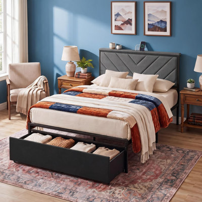 Twin Size Bed Frame with Drawer & Charging Station, Grey