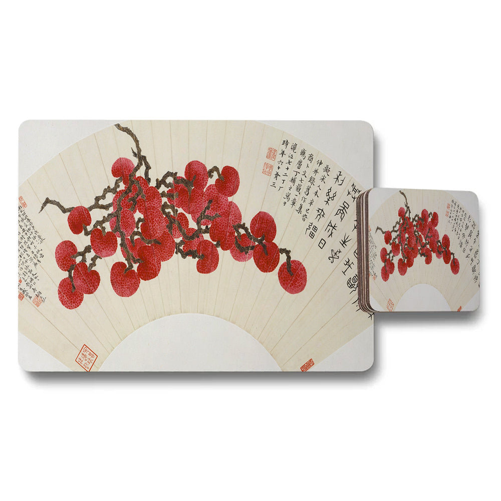 Placemat and Coaster Set Asian Inspired With Red Berry Fan Art
