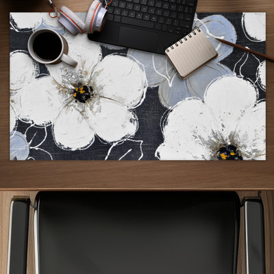 White Flowers with Leaves Outlines - Office Gray Gaming Mat
