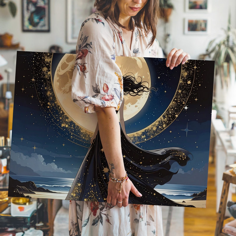 Toile au clair de lune, peinture sur toile, femme en étoile, art mural, toile prête à accrocher, décoration murale, décoration moderne