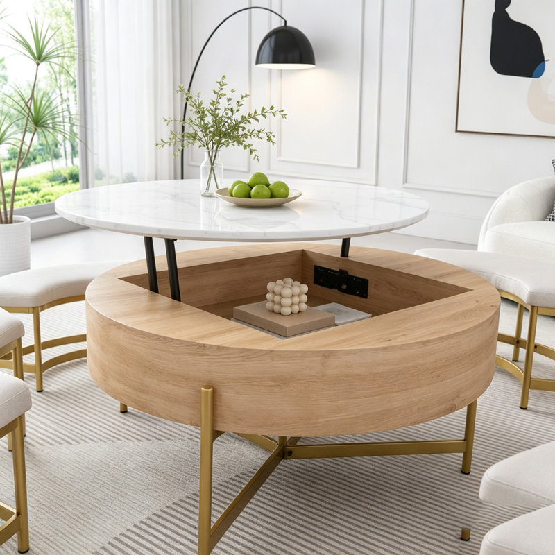 Table basse ronde moderne avec plateau relevable avec rangement et 3 poufs, Naturel, blanc