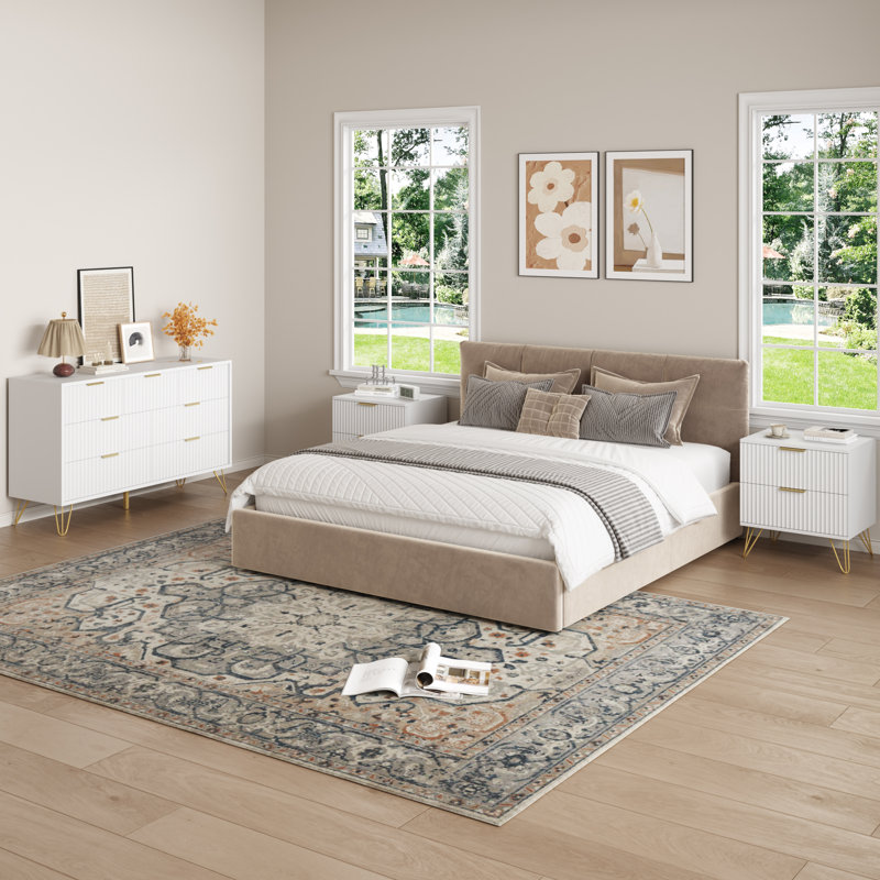 Ensemble de chambre à coucher avec lit cannelé 3 pièces, commode 7 tiroirs et 2 tables de chevet, White