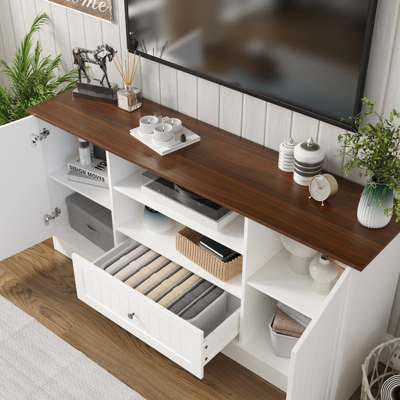 63 In Farmhouse TV Stand For Tvs Up To 70 Inch, Modern Entertainment Center With Storage Drawer And Open Shelves, Shaker Door TV Console Media Cabinet For Living Room, Bedroom