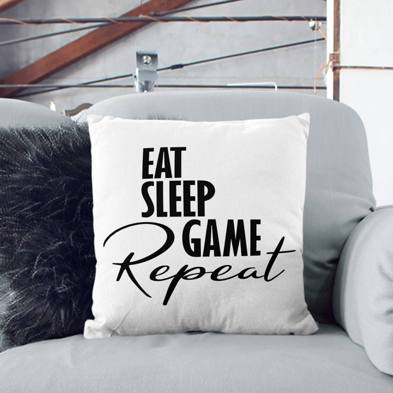 Eat Sleep Game Repeat Typography Square Throw Cushion, 40cm H x 40cm W x 15cm D