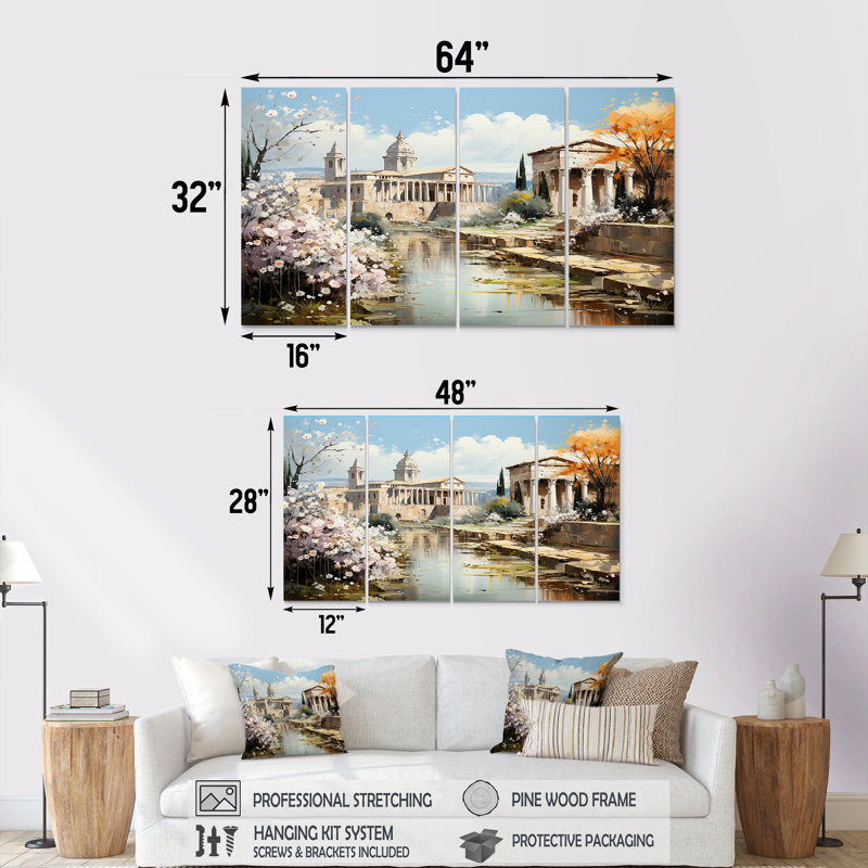 Ensemble de 4 pièces d'art mural Sprintime Empire romain paysage - Italie, H 32 po x l 64 po