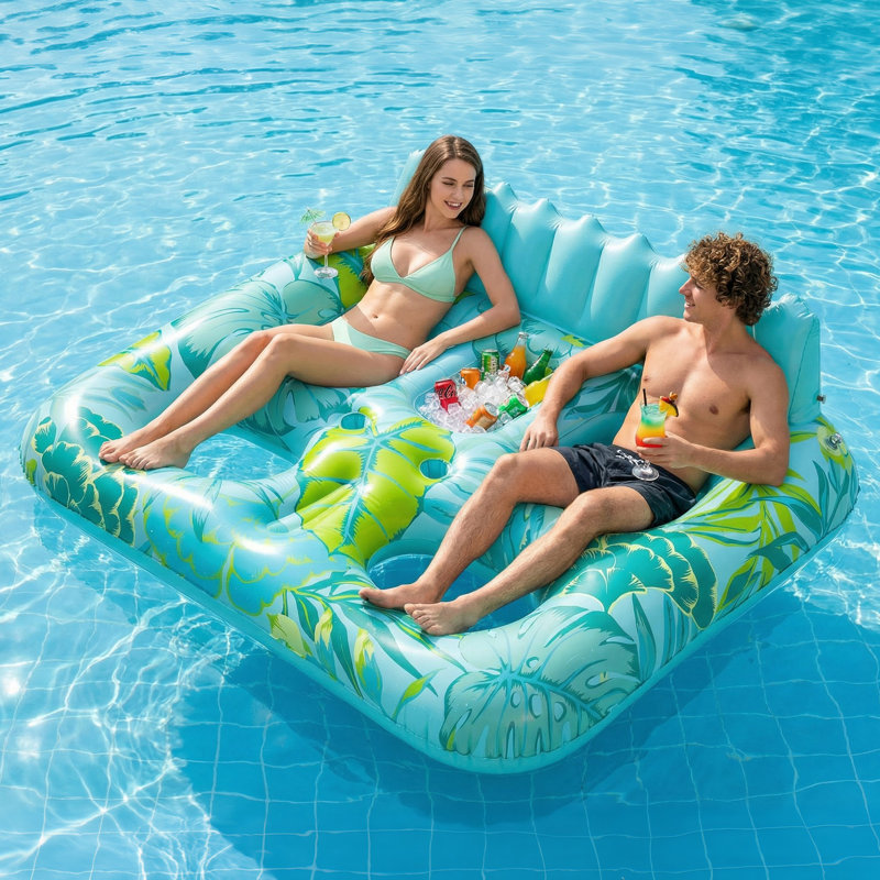 2-Person Inflatable Pool Float With Built-In Cooler & Cup Holders, Heavy-Duty Water Lounge With Headrest, Mesh Seats & Footrest For Lake, River, Beach, Summer Pool Party