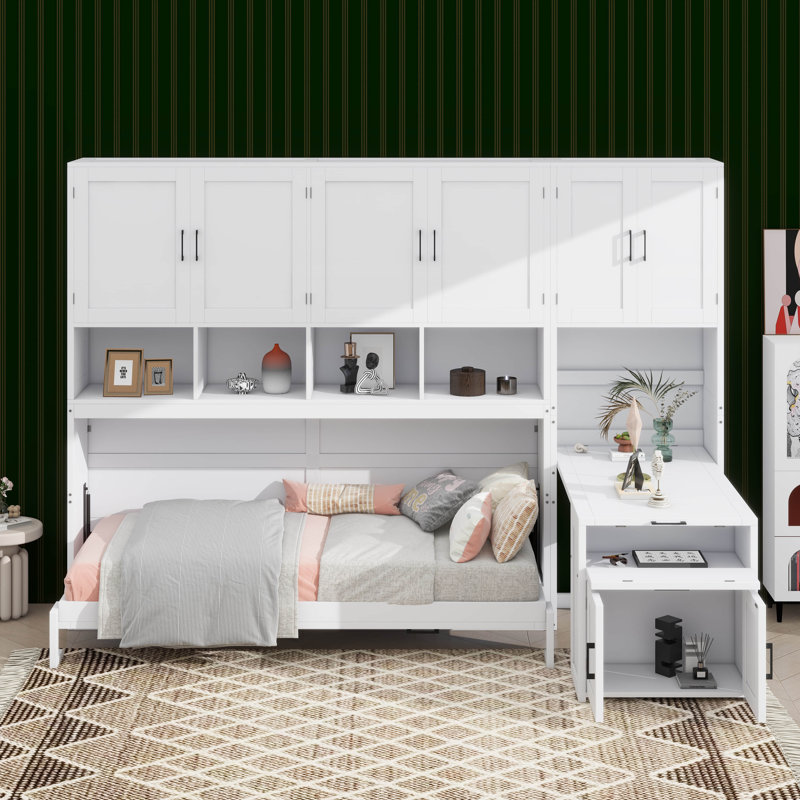 Lit escamotable simple avec placard, tiroirs et bureau