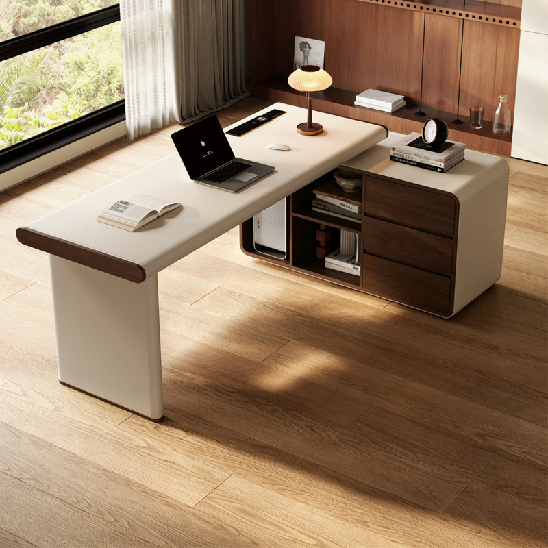 Bureau de direction en L crème avec dessus en similicuir et armoire de rangement gauche, H 29,53 po x l 70,87 po x P 23,62 po