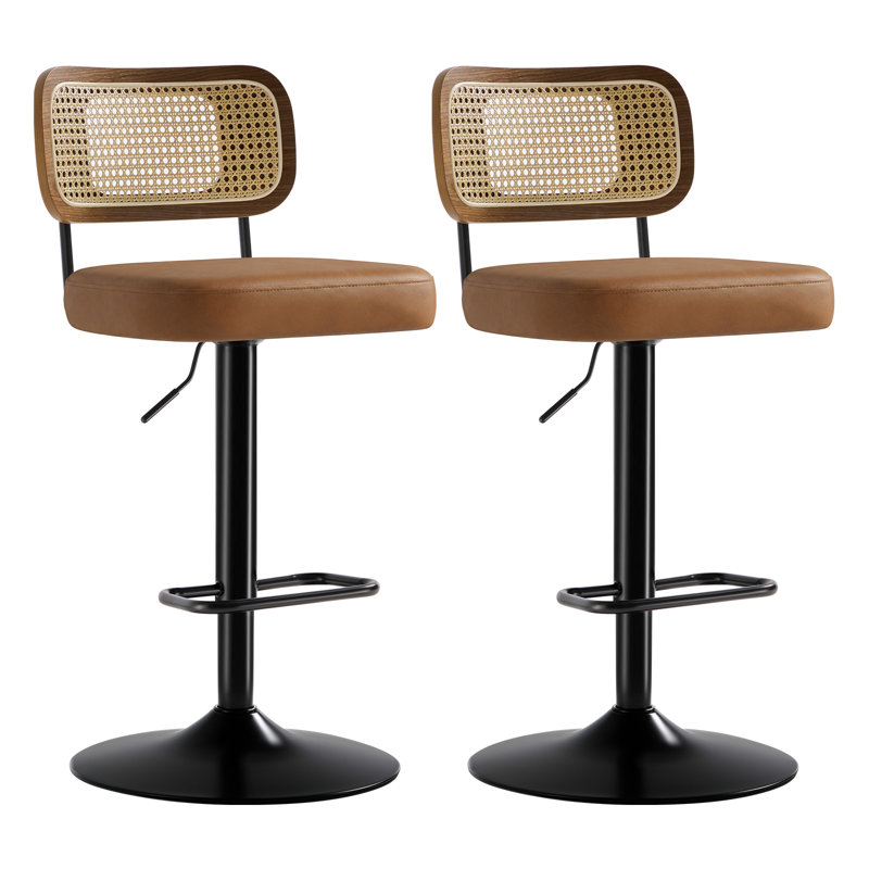 Adjustable Height 360° Swivel Bar Stools With Rattan Back, Brown