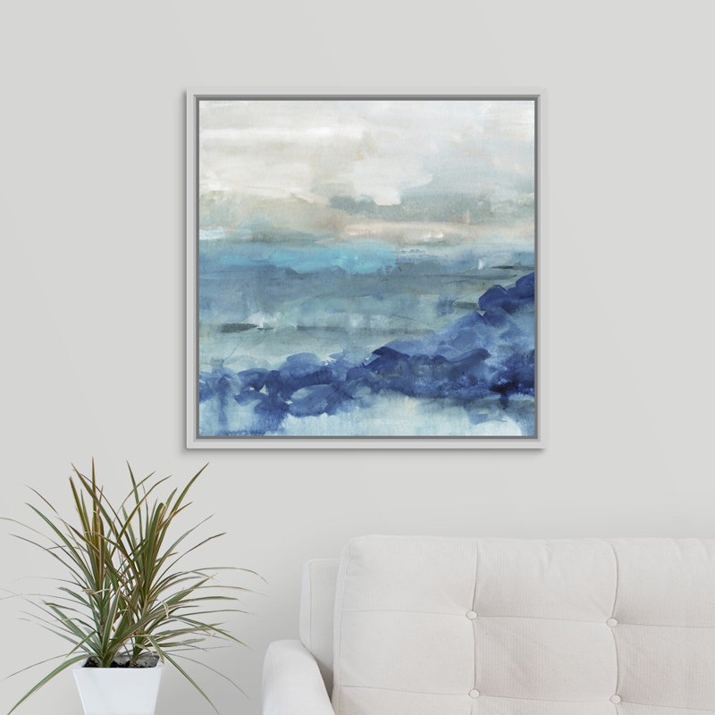«Sea Swell I», peinture sur toile, H 31,7 po x l 31,7 po, Reproduction avec cadre flottant, Blanc