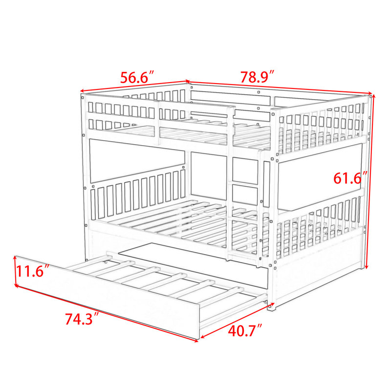 Kavleen Full Over Full Bunk Bed With Twin Trundle And Ladder, Grey