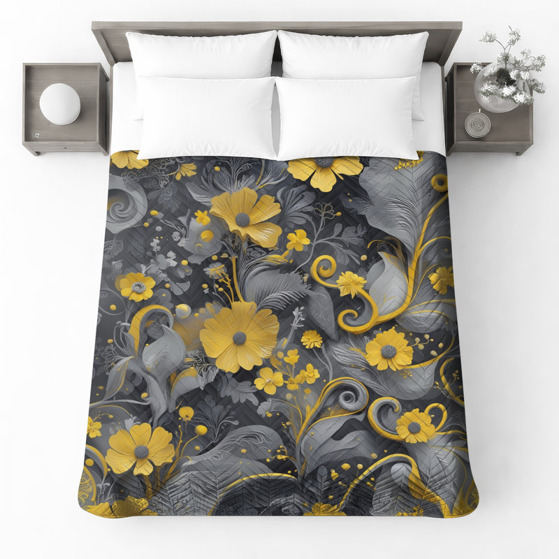 Couvre-lit matelassé à motif floral jaune-gris toutes tailles, Grand lit