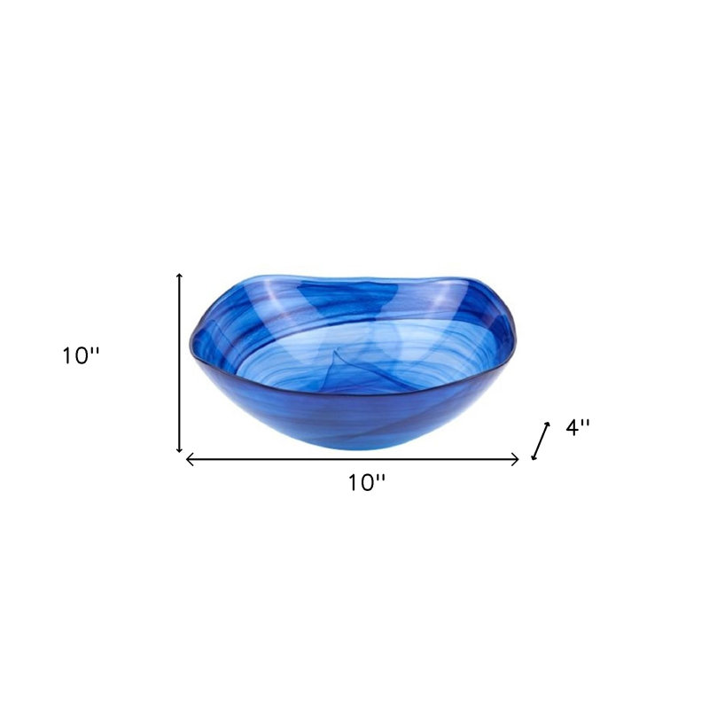Cobalt Blue Alabaster Glass 10" Squarish Salad Or Serving Bowl, 4" H x 10" W x 10" D