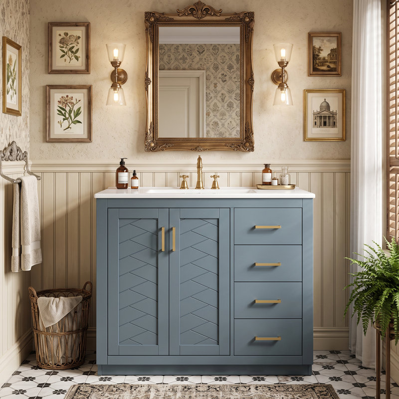 36'' Freestanding Single Sink Bathroom Vanity with Ceramic Top, Blue