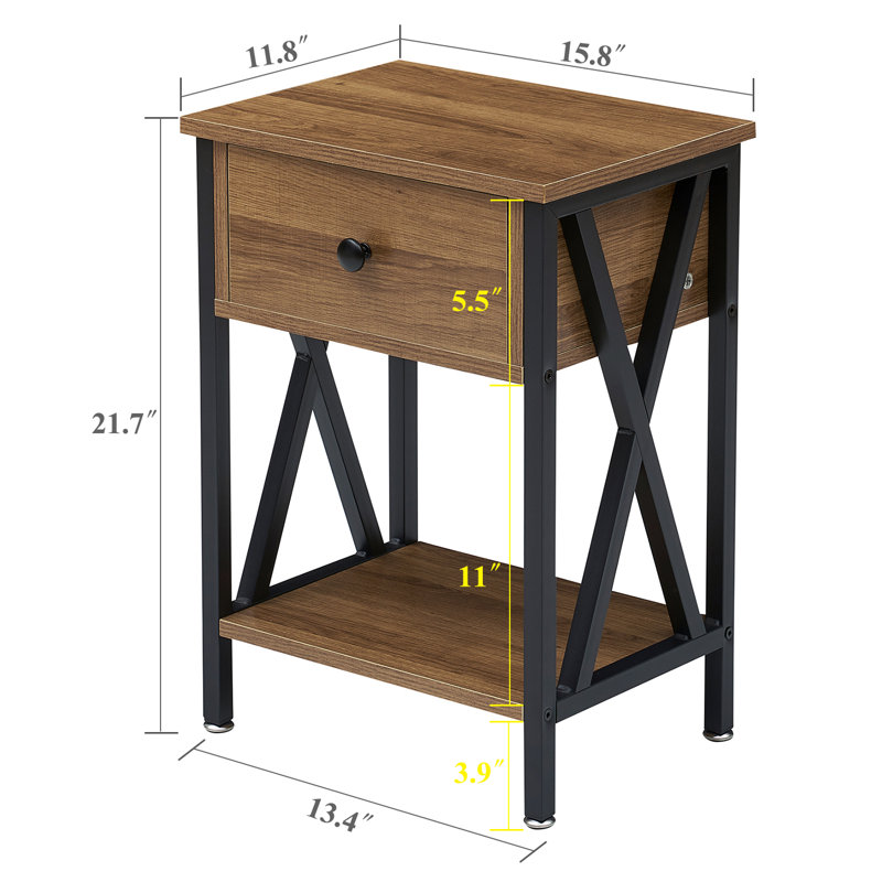 Alameen 22" Tall Nightstand, End Side Tables with Storage Drawer and Open Wood Shelf for Bedroom, Walnut Brown