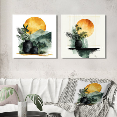 «Green and Orange Minimalist Bohemian Palm III» - art mural botanique - art mural moderne sur toile 2 pièces