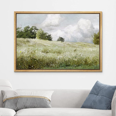«Green Meadow Under White Clouds Nature Landscape Farmhouse», reproduction d'art sur toile encadrée