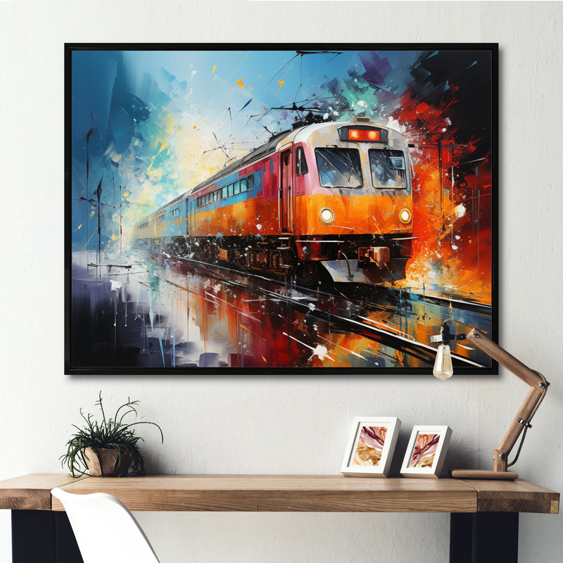 " Train Dynamic Momentum Pointillism III ", 34" H x 44" W x 1.5" D, Black Floater Framed