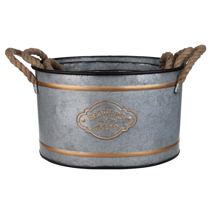 Metal Decorative Pot Of 3 With Rope Handles And Gold Finishing, Cottage - Style Aesthetic, Progressive Sizing For Easy Storage, 4.2 Lbs Galvanized Pots Trim Work Detail, Grey Multi Toned, Space