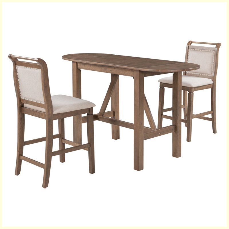 Ensemble de table de salle à manger à hauteur de comptoir 3 pièces en bois avec 2 chaises rembourrées, Brun, Brun