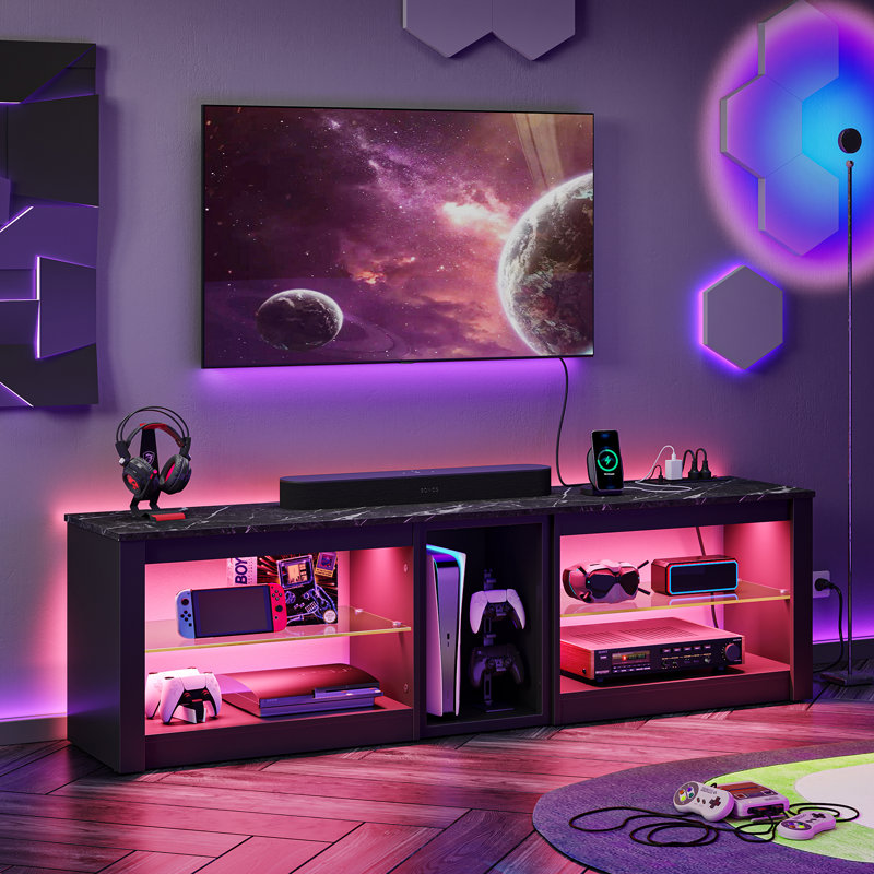 Maurley TV Stand for TVs up to 70 inch, Gaming Media Console for PS5, LED TV Cabinet with Power Outlet & Glass Shelves