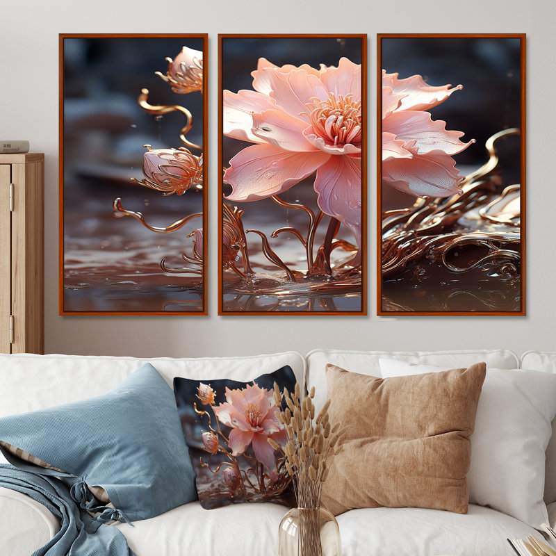 Klerken - ensemble d'art mural rose, Cadre flottant brun, H 32 po x l 48 po x P 1 po