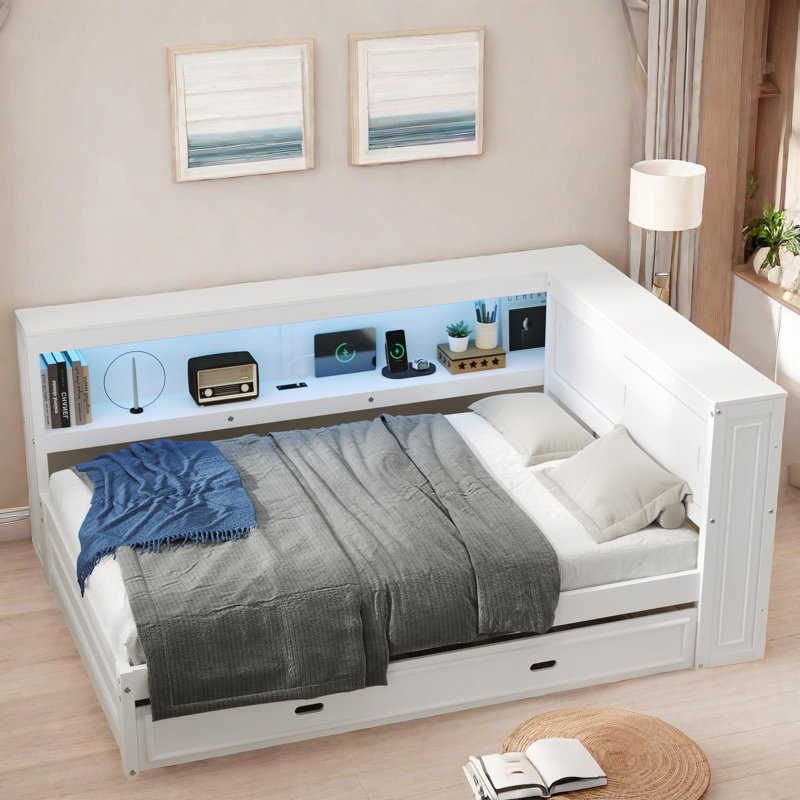 Sakima  Daybed With Storage Shelves, Charging Station, Led And Trundle, White