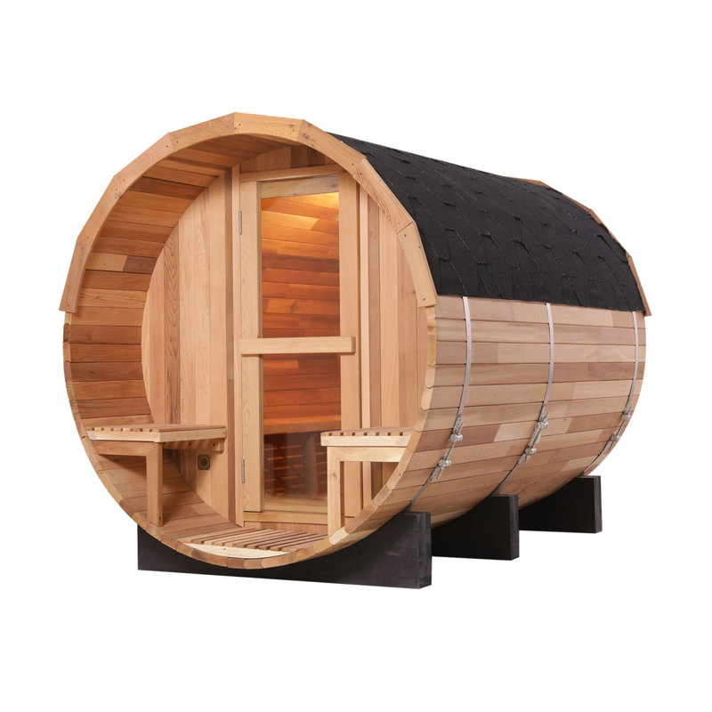4-6 Person Outdoor Red Cedar Barrel Sauna With Porch, 6kw Heater And Tempered Glass Door