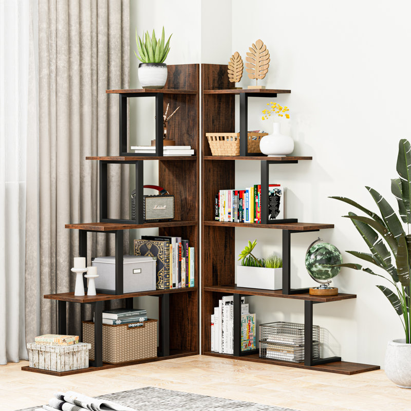 Amill Corner Shelf Unit，Set of 2 Ladder Shelving Unit, Brown/Black