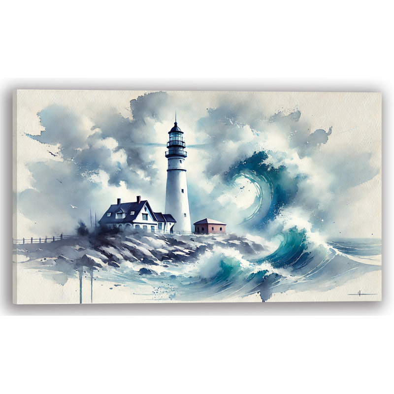 Phare et mers orageuses, reproduction d'art sur toile tendue, H 20 po x l 35 po