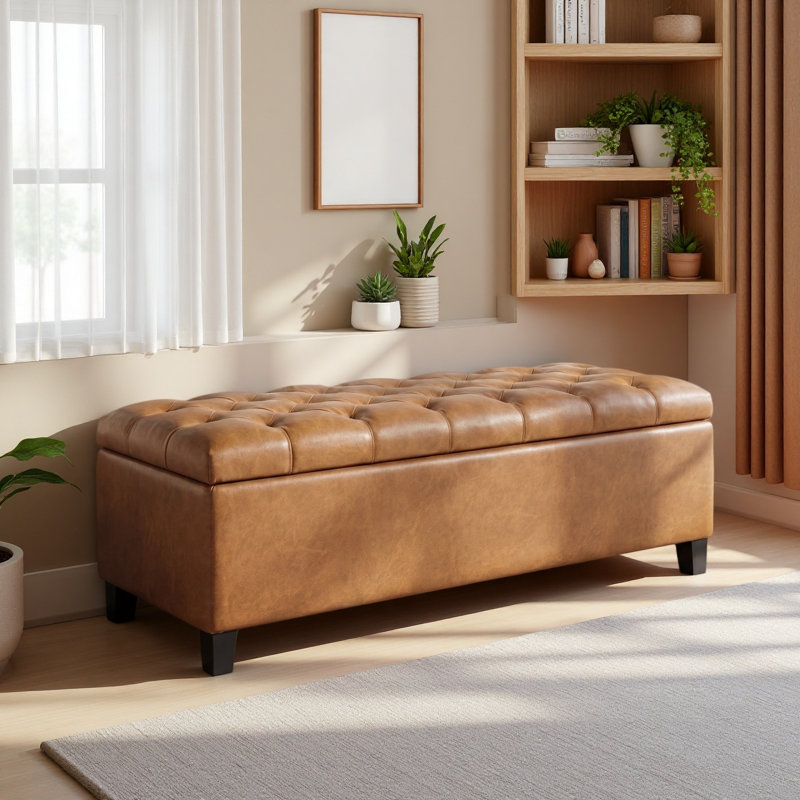 Ottoman Bench With Storage,  Rubber Wood Legs