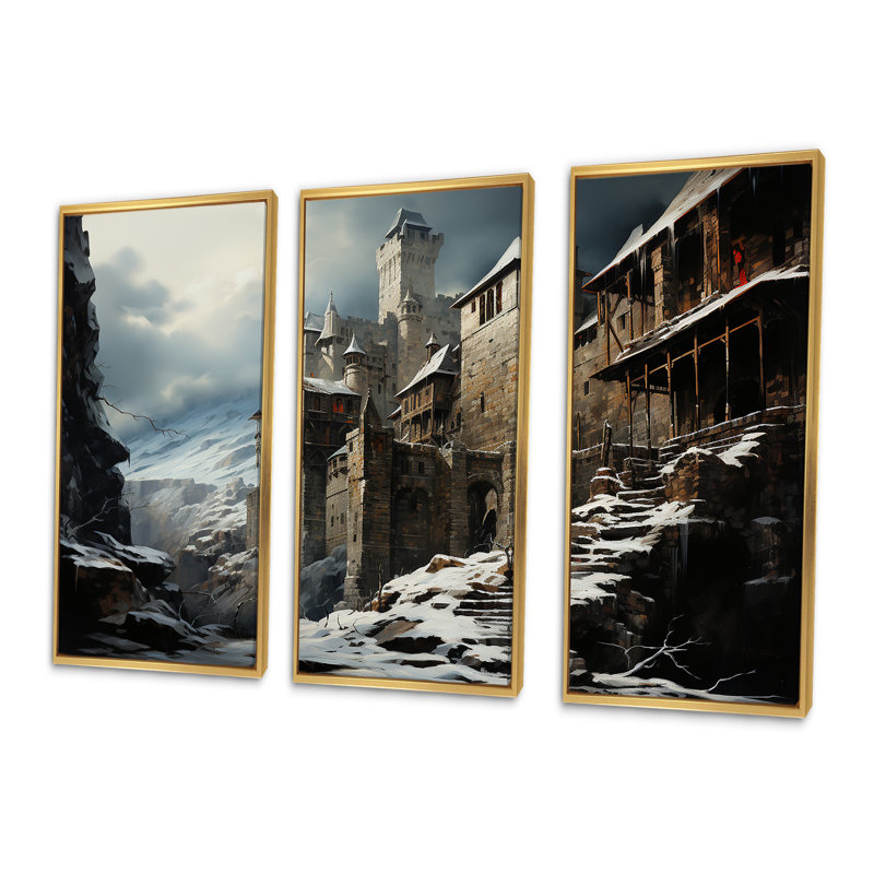 Art mural château médiéval en charme d'hiver IV - Châteaux, Cadre flottant doré, H 28 po x l 36 po