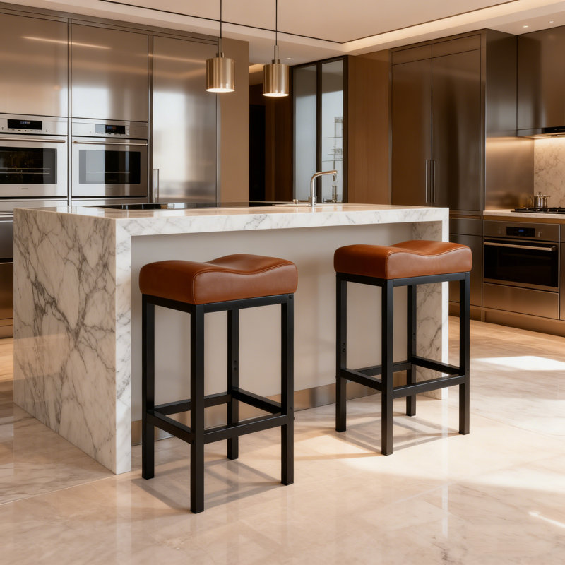 Bar Stools Set Of 2, 24 Inch Backless Counter Height Bar Stools With Soft Leather Seat, 400 Lb Heavy Duty Padded Saddle Barstool Chair For Modern Kitchen Island Counter