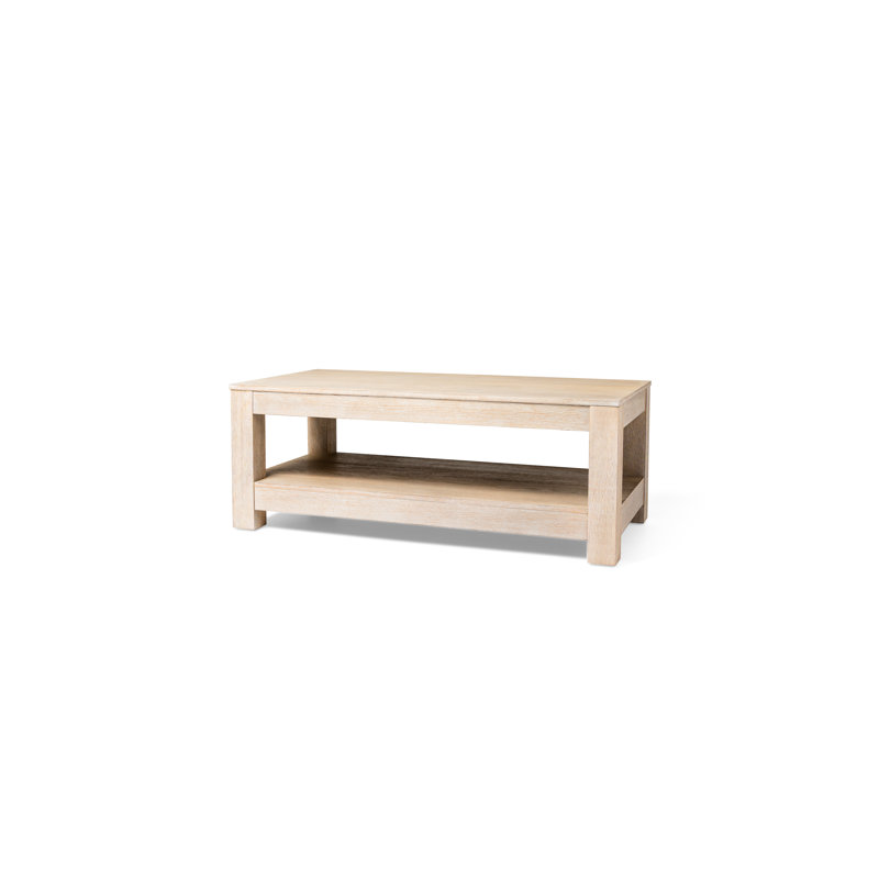 Weathered White Rectangular Wooden Coffee Table with Storage Shelf