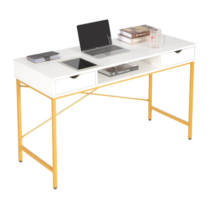 Bureau d'écriture en bois avec tiroirs et structure en métal Hakes, Blanc / Doré